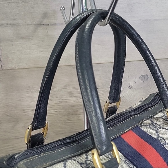 AUTHENTIC GUCCI VINTAGE WEB SHERRY LINE BOSTON BAG…MONOGRAM CANVAS NAVY LEATHER - Picture 3 of 11